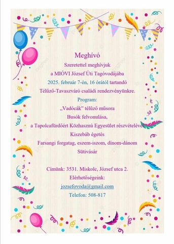 Meghívó MIÓVI József Úti Tagóvodája Télűző-Tavaszváró családi rendezvényünkre