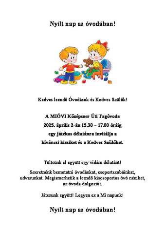MIOVI Középszer Úti Tagóvodája nyílt nap